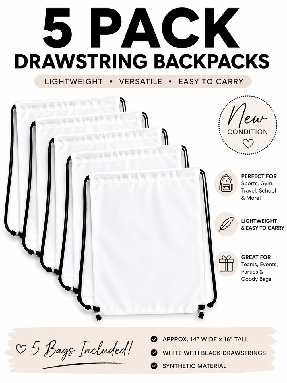 5 Pack White Drawstring Backpacks Cinch Gym Sport Bags 14x16 - New